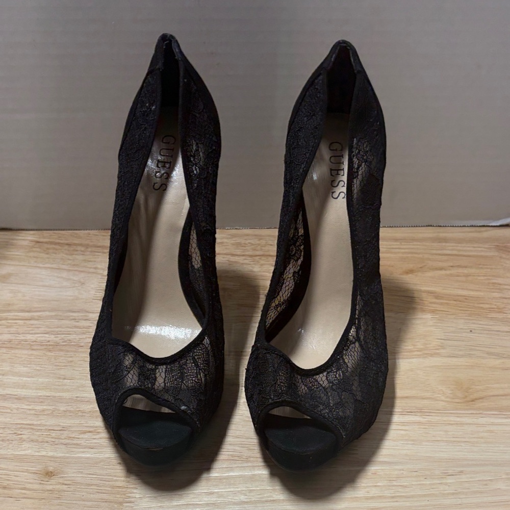 Guess Black Lace Peep-Toe Heels with Cutout Detail